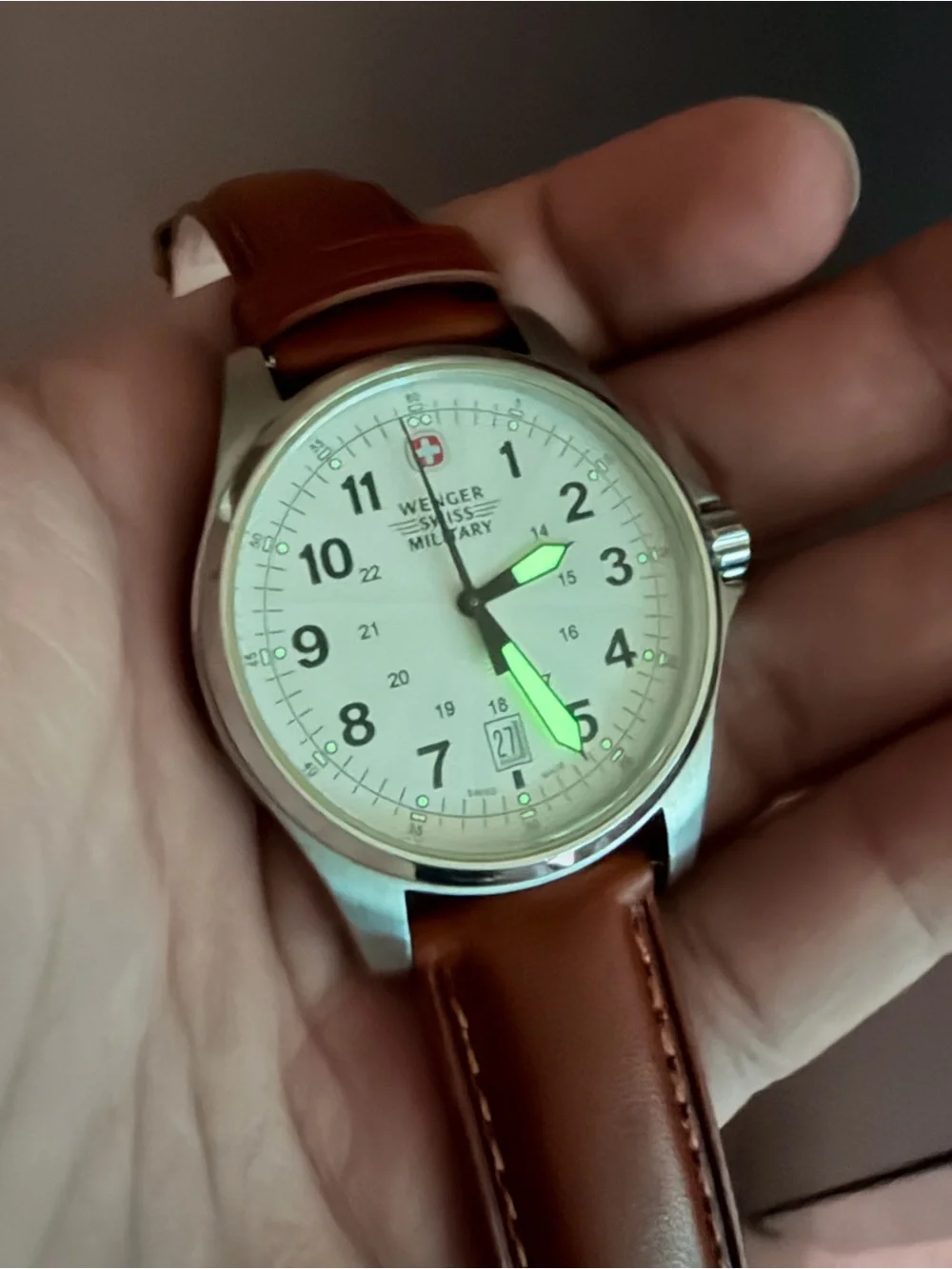 Vintage Wenger Swiss Military Mens Watch 44mm Stainless Steel Brwn Leather Band